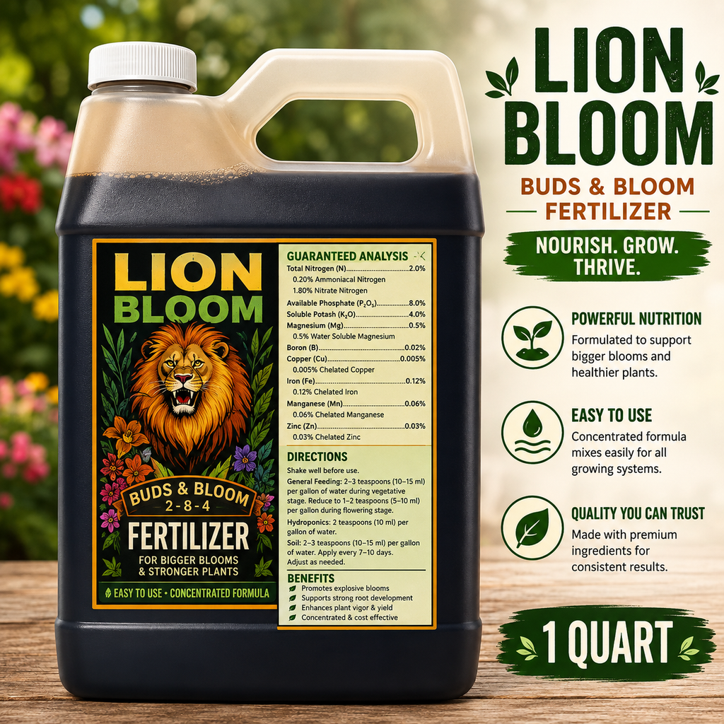 Lion Bloom Hydroponic Fertilizer – 1 Qt | Plant Nutrient for Hydroponic & Indoor Gardens