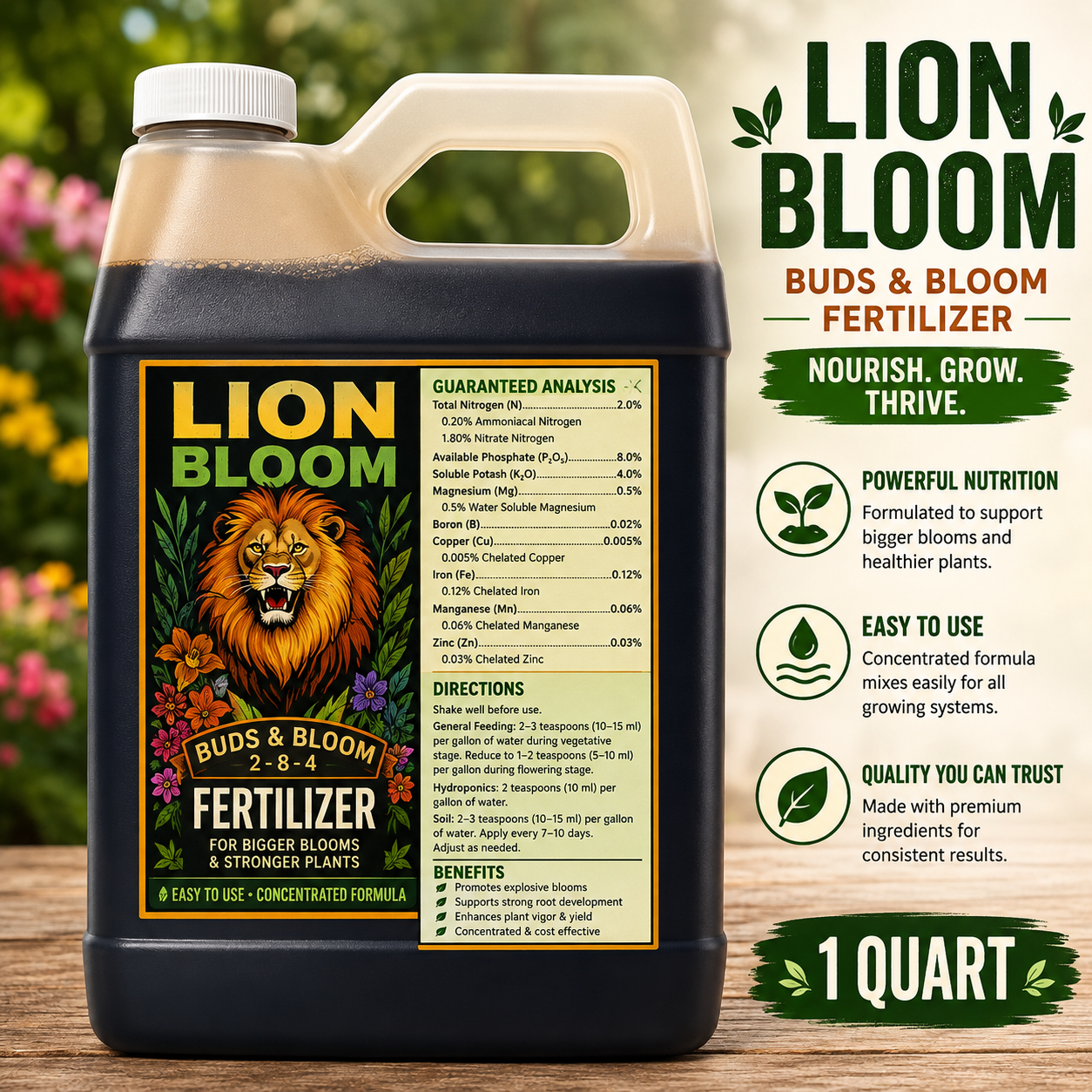 Lion Bloom Hydroponic Fertilizer – 1 Qt | Plant Nutrient for Hydroponic & Indoor Gardens